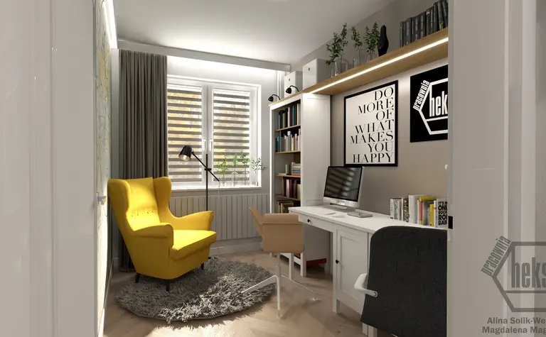 Wnętrze gabinetu w stylu japandi i minimalistycznym z żółtym fotelem i nowoczesnym biurkiem.