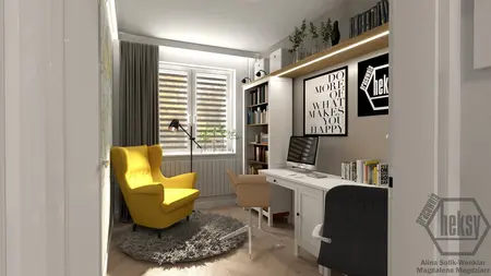 Wnętrze gabinetu w stylu japandi i minimalistycznym z żółtym fotelem i nowoczesnym biurkiem.