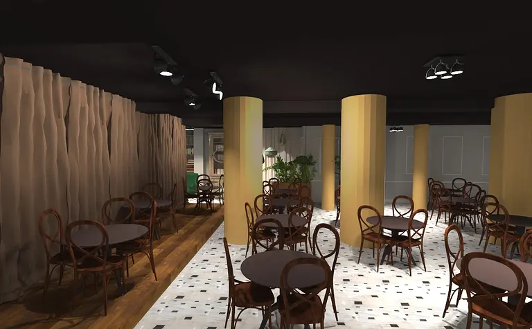 Wnętrze restauracji z eklektycznym stylem, drewniane meble i żółte filary.