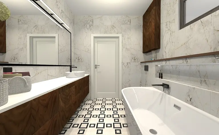 Współczesna łazienka z brązowymi meblami, białą wanną i eleganckimi akcentami.