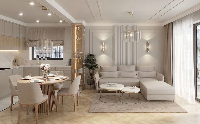 Stylowe wnętrze salonu glamour z jasnymi meblami i eleganckim oświetleniem.