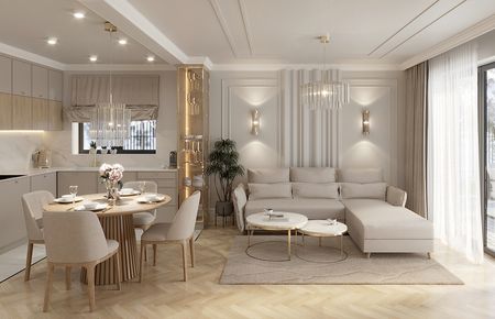 Stylowe wnętrze salonu glamour z jasnymi meblami i eleganckim oświetleniem.