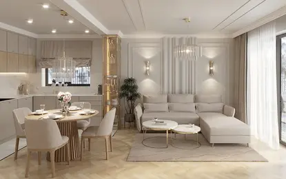 Stylowe wnętrze salonu glamour z jasnymi meblami i eleganckim oświetleniem.