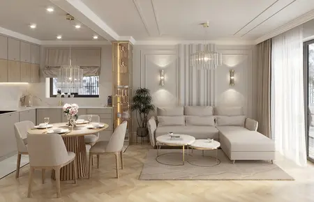 Stylowe wnętrze salonu glamour z jasnymi meblami i eleganckim oświetleniem.