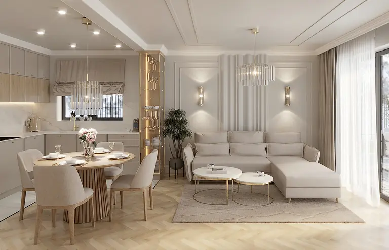 Stylowe wnętrze salonu glamour z jasnymi meblami i eleganckim oświetleniem.