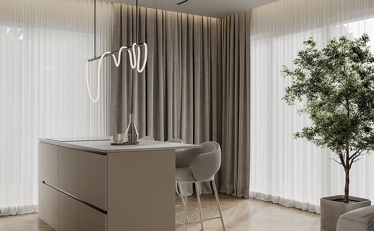 Wnętrze kuchni w stylu industrialnym z minimalistycznymi meblami i roślinnością.