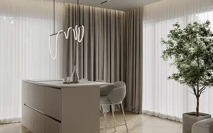 Wnętrze kuchni w stylu industrialnym z minimalistycznymi meblami i roślinnością.