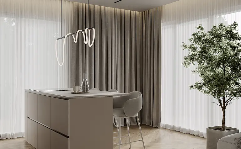 Wnętrze kuchni w stylu industrialnym z minimalistycznymi meblami i roślinnością.