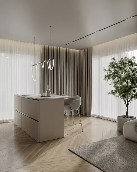 Wnętrze kuchni w stylu industrialnym z minimalistycznymi meblami i roślinnością.