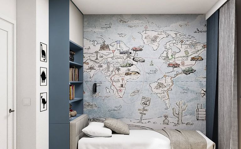 Pokój dziecięcy z minimalistycznym wystrojem, mapą świata i nowoczesnymi akcentami.