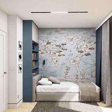 Pokój dziecięcy z minimalistycznym wystrojem, mapą świata i nowoczesnymi akcentami.