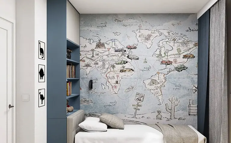 Pokój dziecięcy z minimalistycznym wystrojem, mapą świata i nowoczesnymi akcentami.