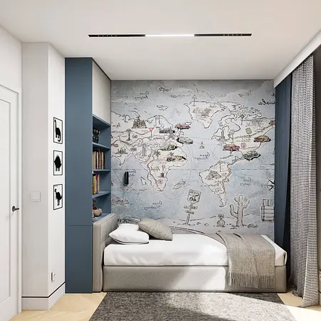 Pokój dziecięcy z minimalistycznym wystrojem, mapą świata i nowoczesnymi akcentami.