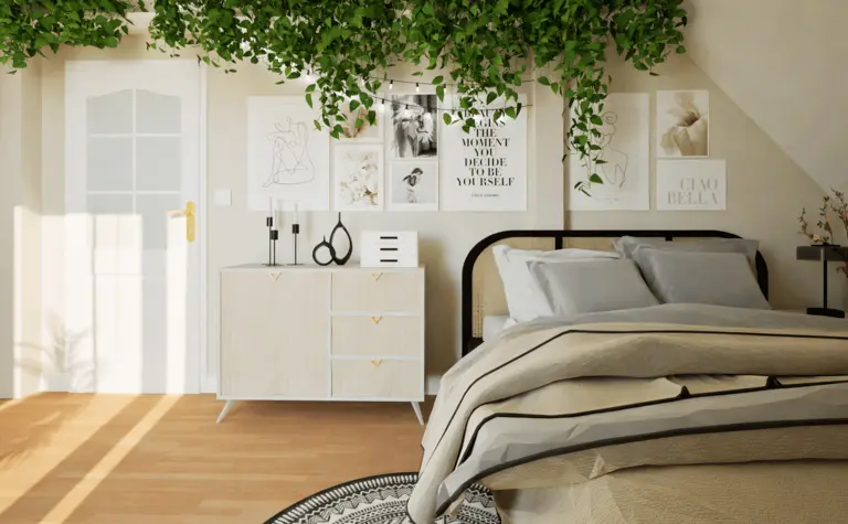 Wnętrze sypialni boho z roślinami, jasnym łóżkiem i dekoracjami.