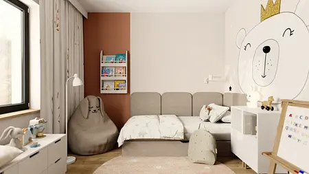 Pokój dziecięcy w stylu nowoczesnym z szarym łóżkiem, zabawkami i półkami