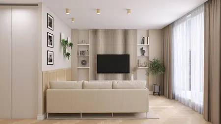Salon w stylu skandynawskim z beżową sofą i drewnianymi elementami.