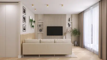 Salon w stylu skandynawskim z beżową sofą i drewnianymi elementami.
