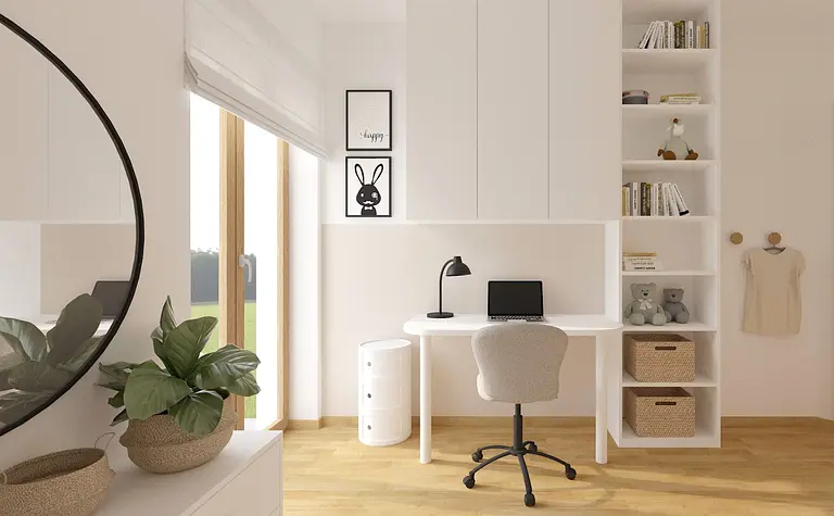Wnętrze pokoju z biurkiem, roślinami i półkami w stylu soft minimalizm.