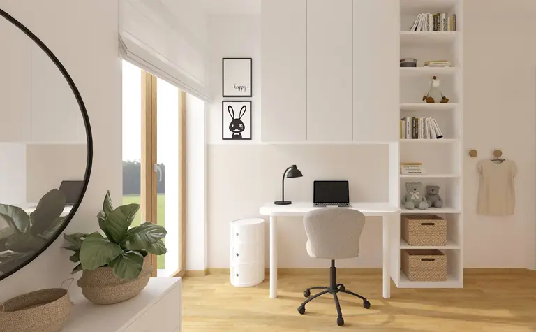 Wnętrze pokoju z biurkiem, roślinami i półkami w stylu soft minimalizm.