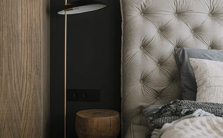 Sypialnia z minimalistycznym wystrojem w stylu quiet luxury, nowoczesnym i współczesnym.