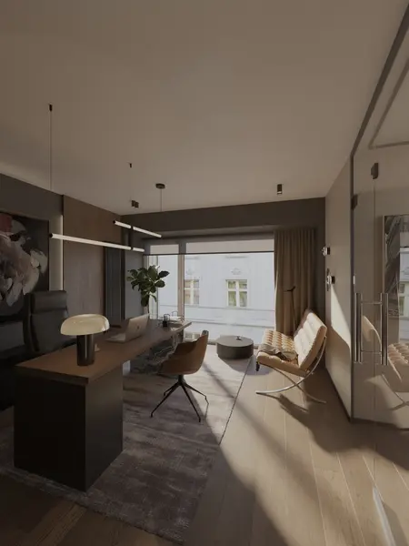 Wnętrze gabinetu w stylu minimalistycznym, nowoczesnym, quiet luxury, współczesnym.