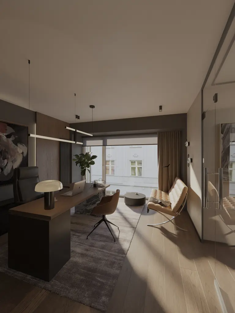 Wnętrze gabinetu w stylu minimalistycznym, nowoczesnym, quiet luxury, współczesnym.