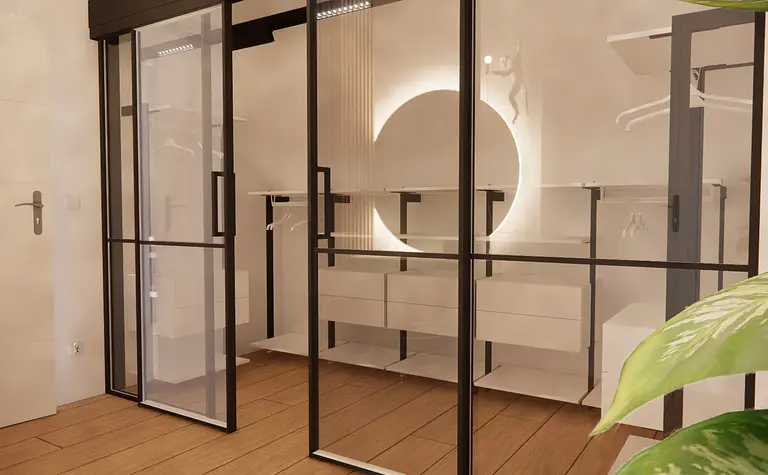 Garderoba z minimalistycznym designem, białe meble, czarne akcenty, styl boho i skandynawski.