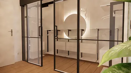 Garderoba z minimalistycznym designem, białe meble, czarne akcenty, styl boho i skandynawski.