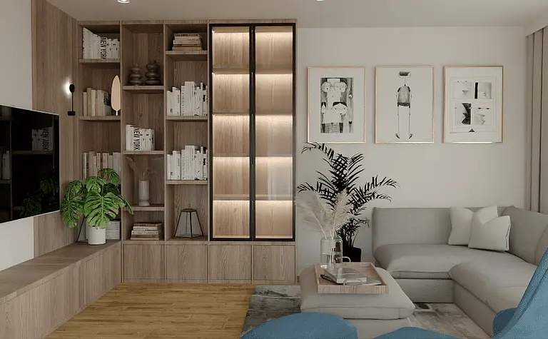 Wnętrze salonu z nowoczesnym wystrojem, drewniane meble, jasna sofa.