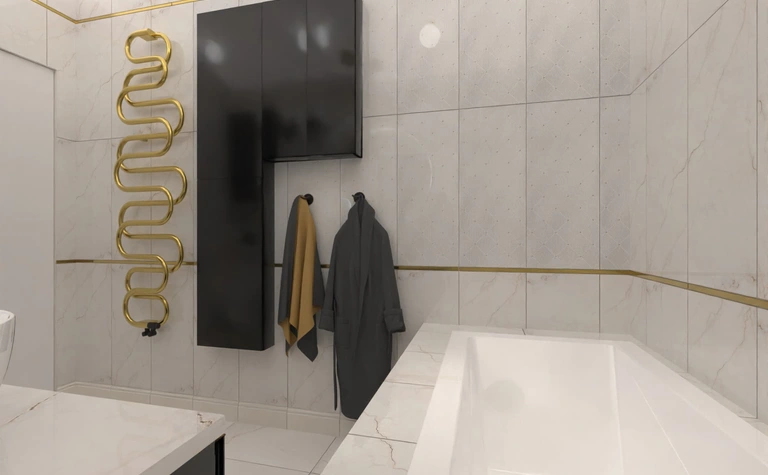 Wnętrze łazienki z czarnymi meblami, złotymi detalami i nowoczesnym wykończeniem. Styl: boho, glamour, industrialny.
