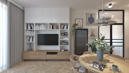 Wnętrze salonu w stylu boho, japandi, minimalistycznym z drewnianymi akcentami.