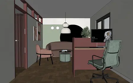 Wnętrze salonu z biurkiem, eklektycznymi akcentami i roślinami.