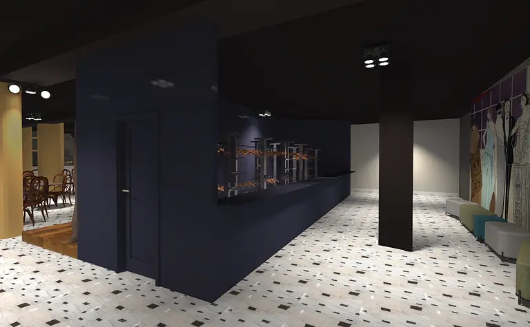 Wnętrze eklektycznego baru z ciemnymi ścianami i jasną podłogą, eleganckie krzesła.