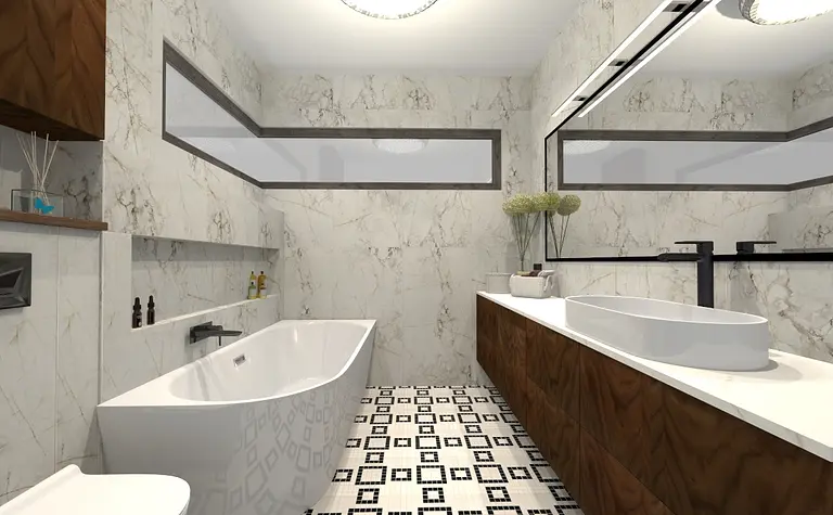 Współczesna łazienka z białą wanną, drewnianą szafką i czarnymi akcentami.