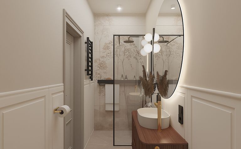 Wnętrze łazienki z drewnianą szafką, okrągłym lustrem i szklanym prysznicem - dopamine decor