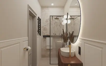 Wnętrze łazienki z drewnianą szafką, okrągłym lustrem i szklanym prysznicem - dopamine decor