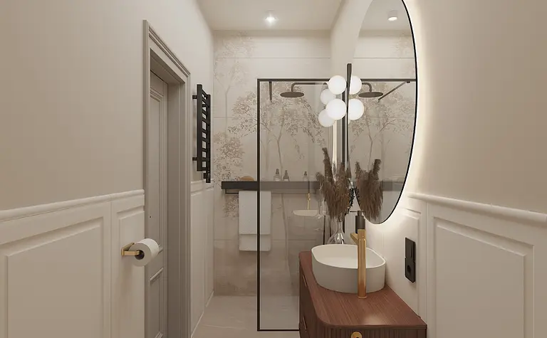 Wnętrze łazienki z drewnianą szafką, okrągłym lustrem i szklanym prysznicem - dopamine decor