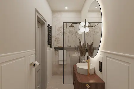 Wnętrze łazienki z drewnianą szafką, okrągłym lustrem i szklanym prysznicem - dopamine decor