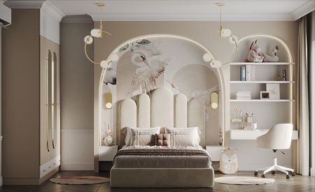 Wnętrze sypialni z beżową tapetą, białym łóżkiem i akcentami quiet luxury.