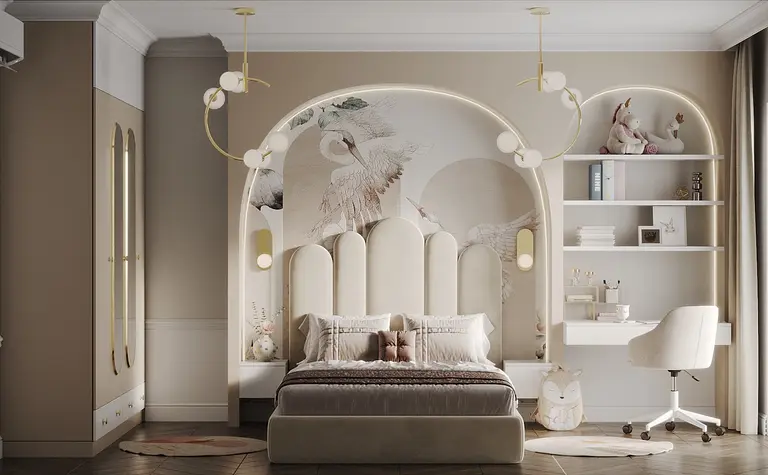Wnętrze sypialni z beżową tapetą, białym łóżkiem i akcentami quiet luxury.