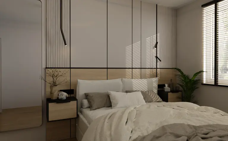 Wnętrze sypialni z minimalistycznym wystrojem, jasnymi meblami i drewnianą podłogą.
