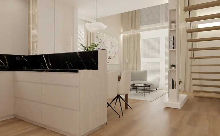 Wnętrze kuchni z białymi meblami i czarnym blatem, styl glamour.
