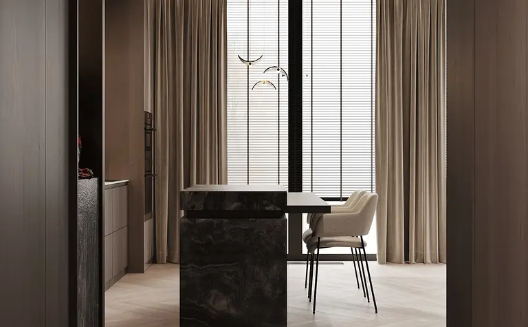 Wnętrze kuchni z blatem kamiennym, minimalistycznymi meblami i jasnymi zasłonami, styl art deco.