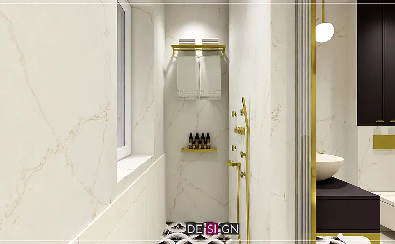 Nowoczesna łazienka w stylu art deco z białymi kaflami i złotymi detalami.