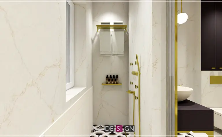 Nowoczesna łazienka w stylu art deco z białymi kaflami i złotymi detalami.