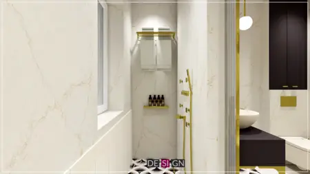 Nowoczesna łazienka w stylu art deco z białymi kaflami i złotymi detalami.