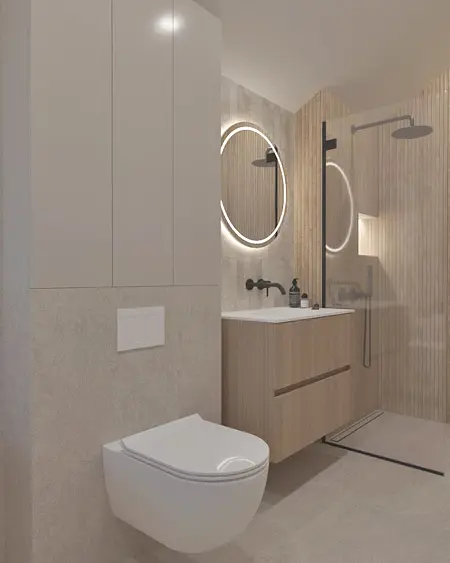 Wnętrze łazienki w stylu boho i minimalistycznym z drewnianymi detalami.