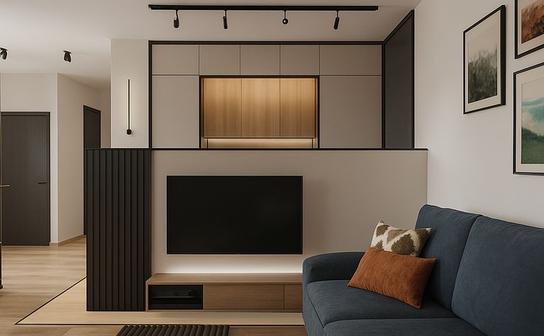 Wnętrze w stylu industrialnym z minimalistycznym salonem, nowoczesnym telewizorem i współczesnymi detalami.