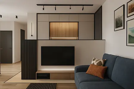 Wnętrze w stylu industrialnym z minimalistycznym salonem, nowoczesnym telewizorem i współczesnymi detalami.