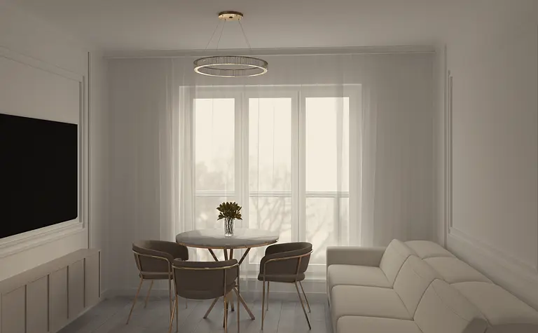 Wnętrze salonu glamour z białą sofą i okrągłym stołem, jasne zasłony.